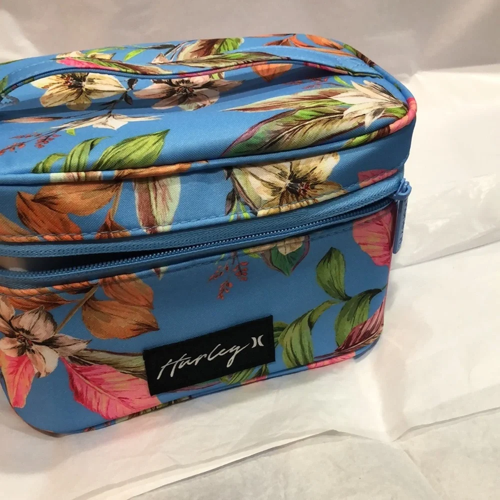 Hurley blue floral tropical island print makeup cosmetics bag case‎ new